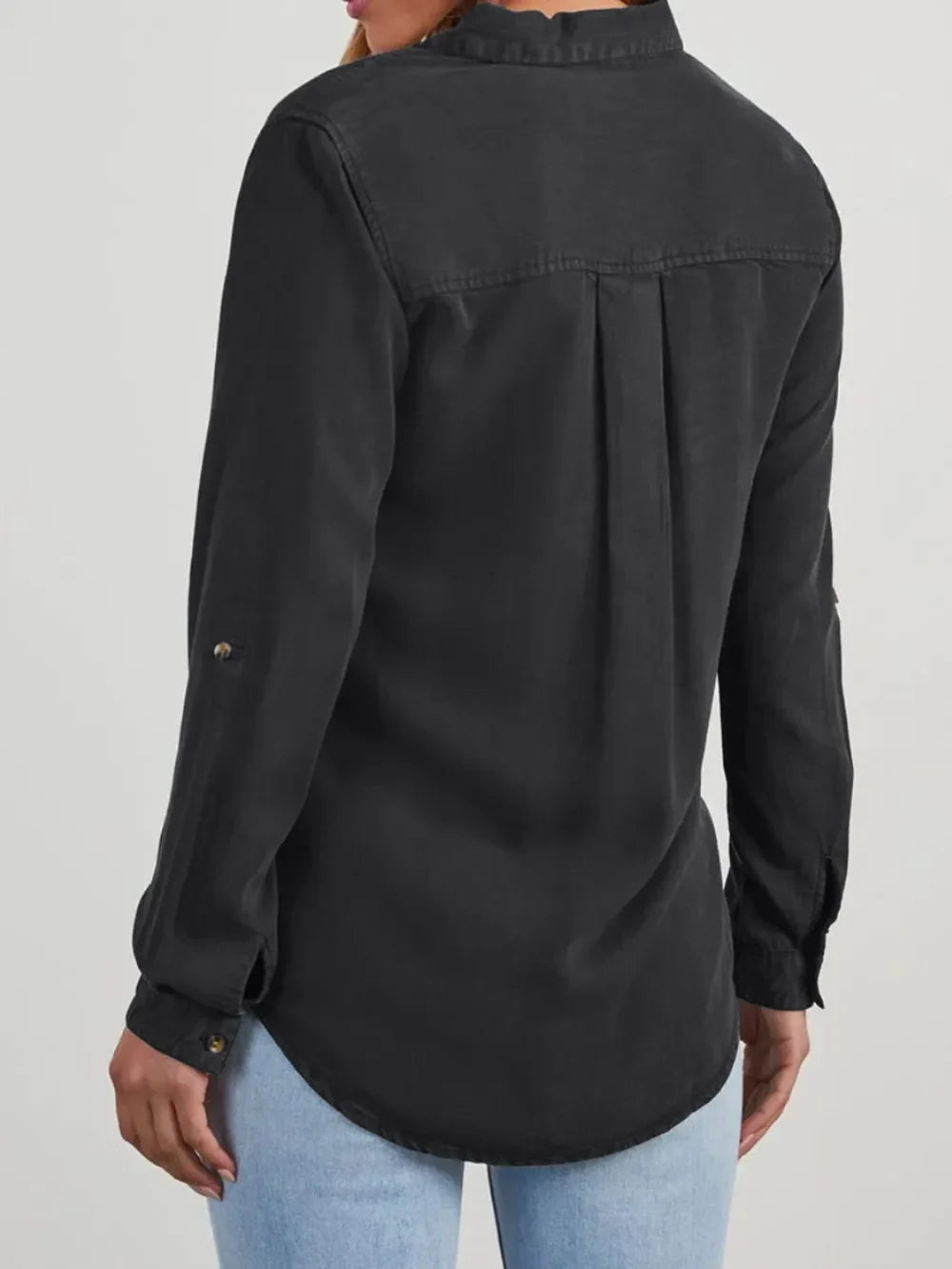 Collared Neck Roll-Tab Sleeve Womens Denim Shirt