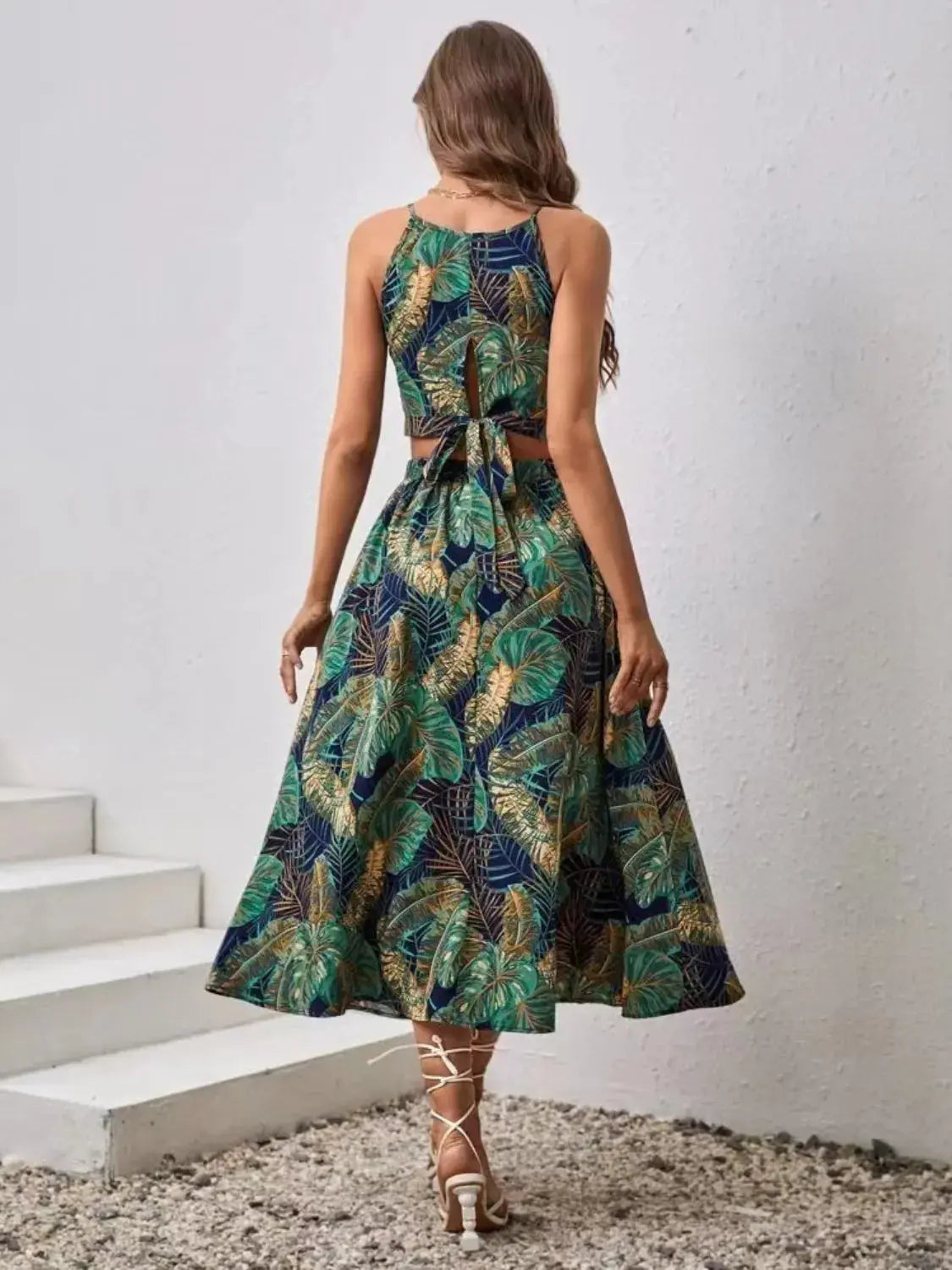 Tropical Leaf Print Two Piece Midi Skirt Set