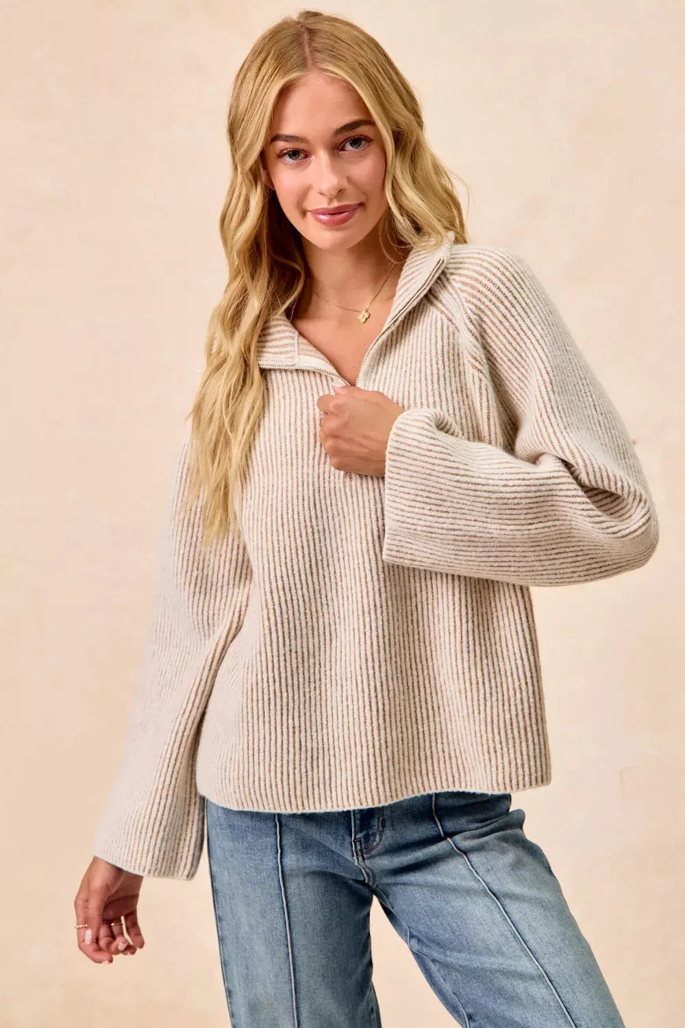 BiBi Two Tone Ribbed Textured Knit Sweater with Zip Up Collar