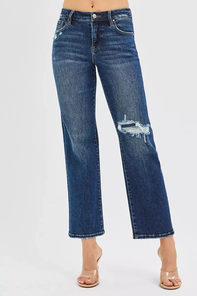 High Rise Crop Slim Straight RISEN Jeans with Hidden Knee Patch