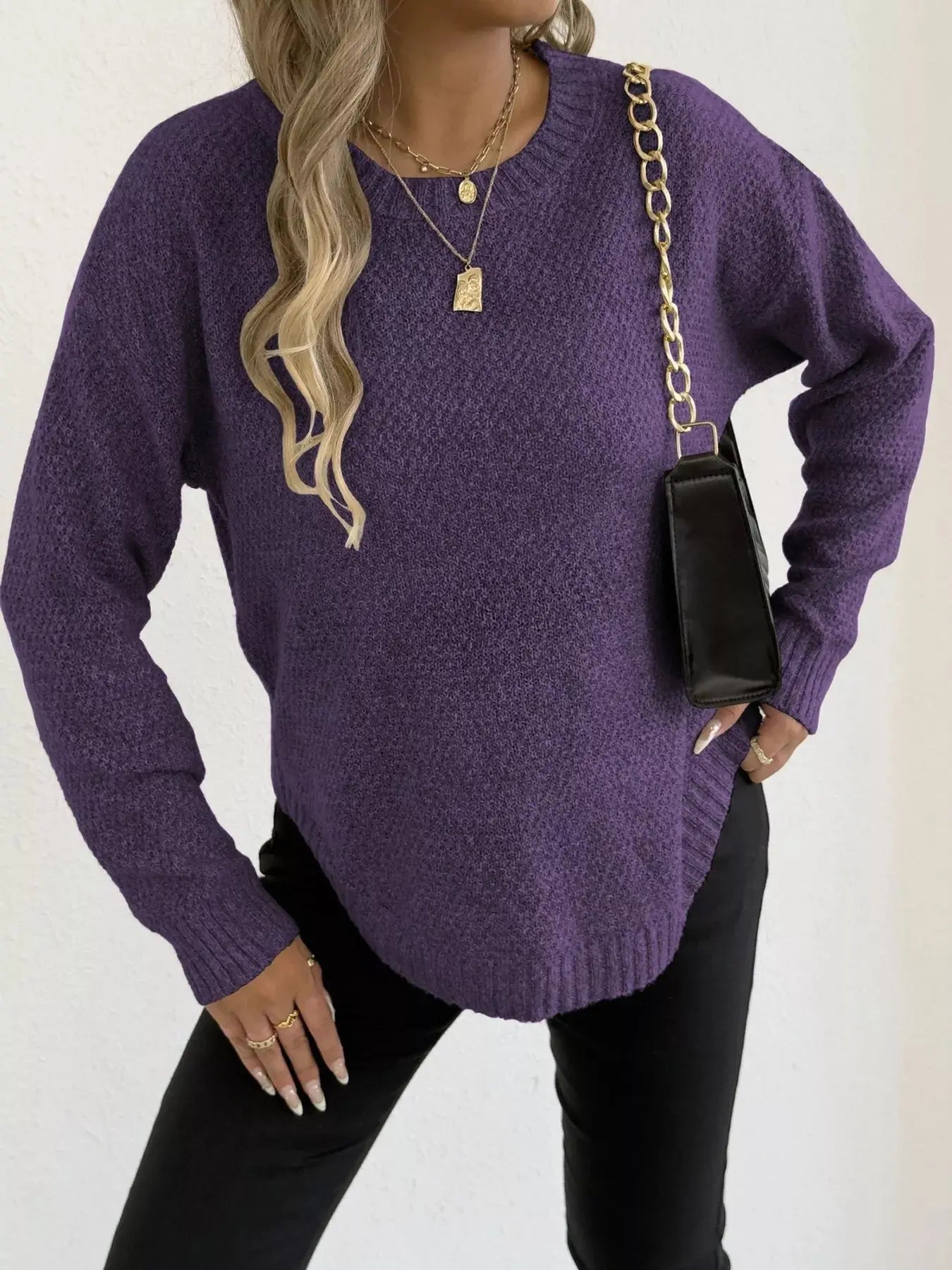 Round Neck Textured Knit Relaxed Fit Sweater