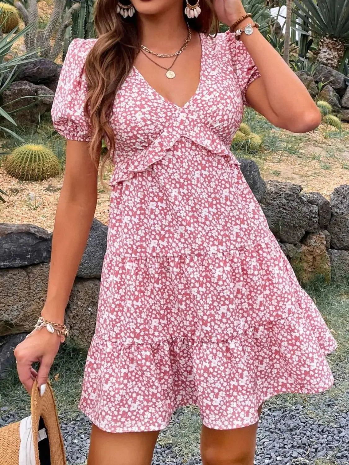 Floral Puff Sleeve Mini Wrap Dress – Pink Ditsy Ruffle Hem