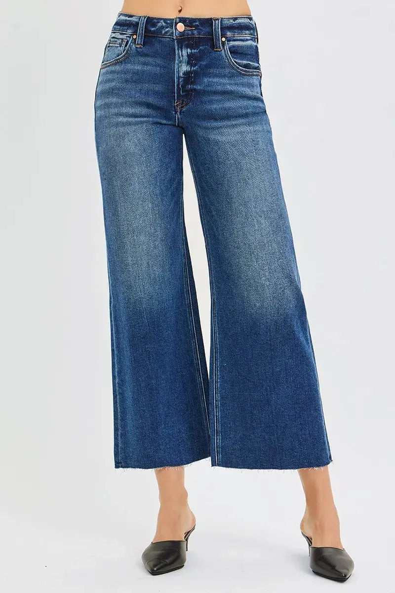 RISEN Jeans - Plus Size Mid Rise Crop Wide Raw Cut Hem Jeans