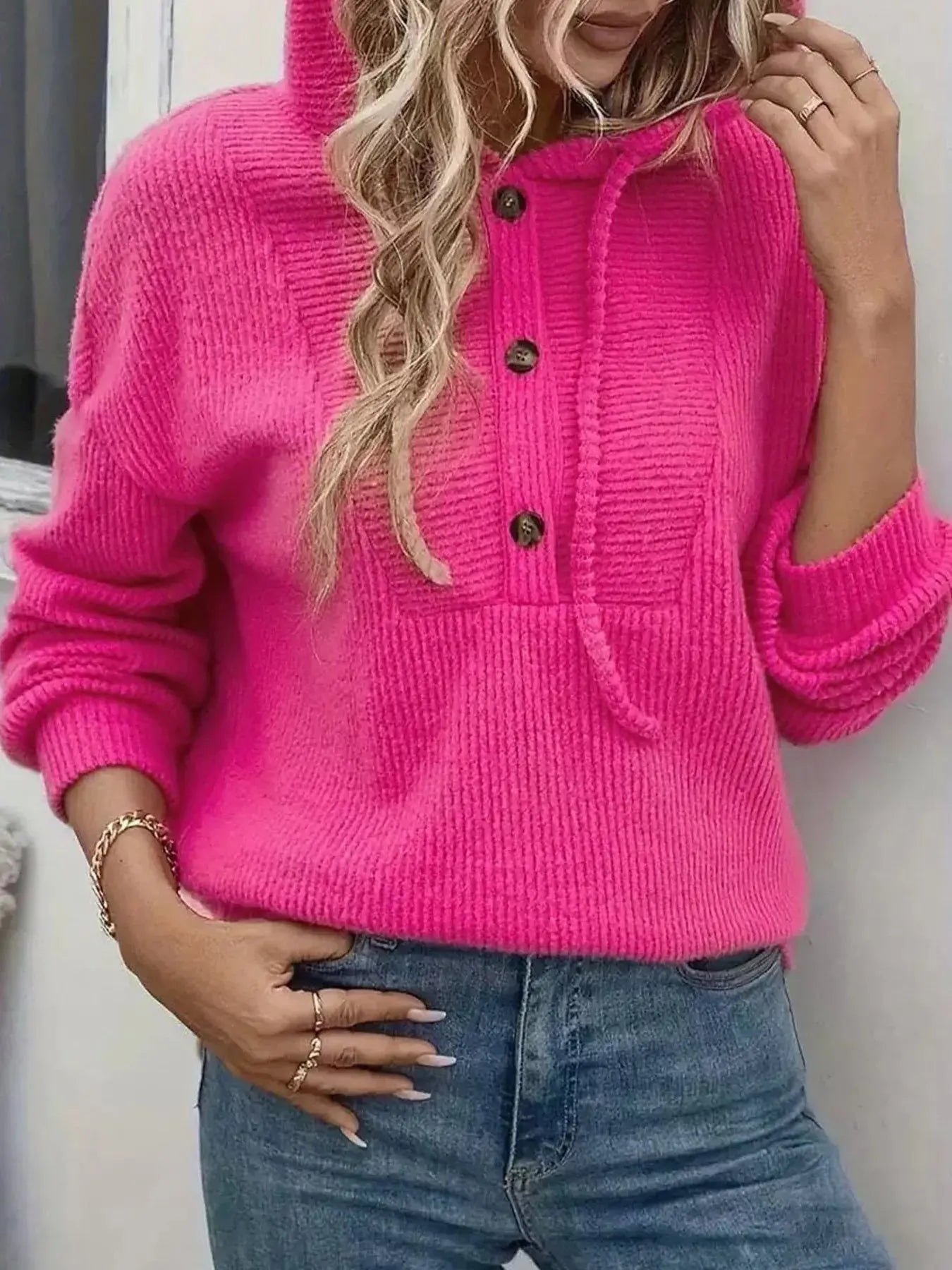 Button Front Drawstring Hoodie