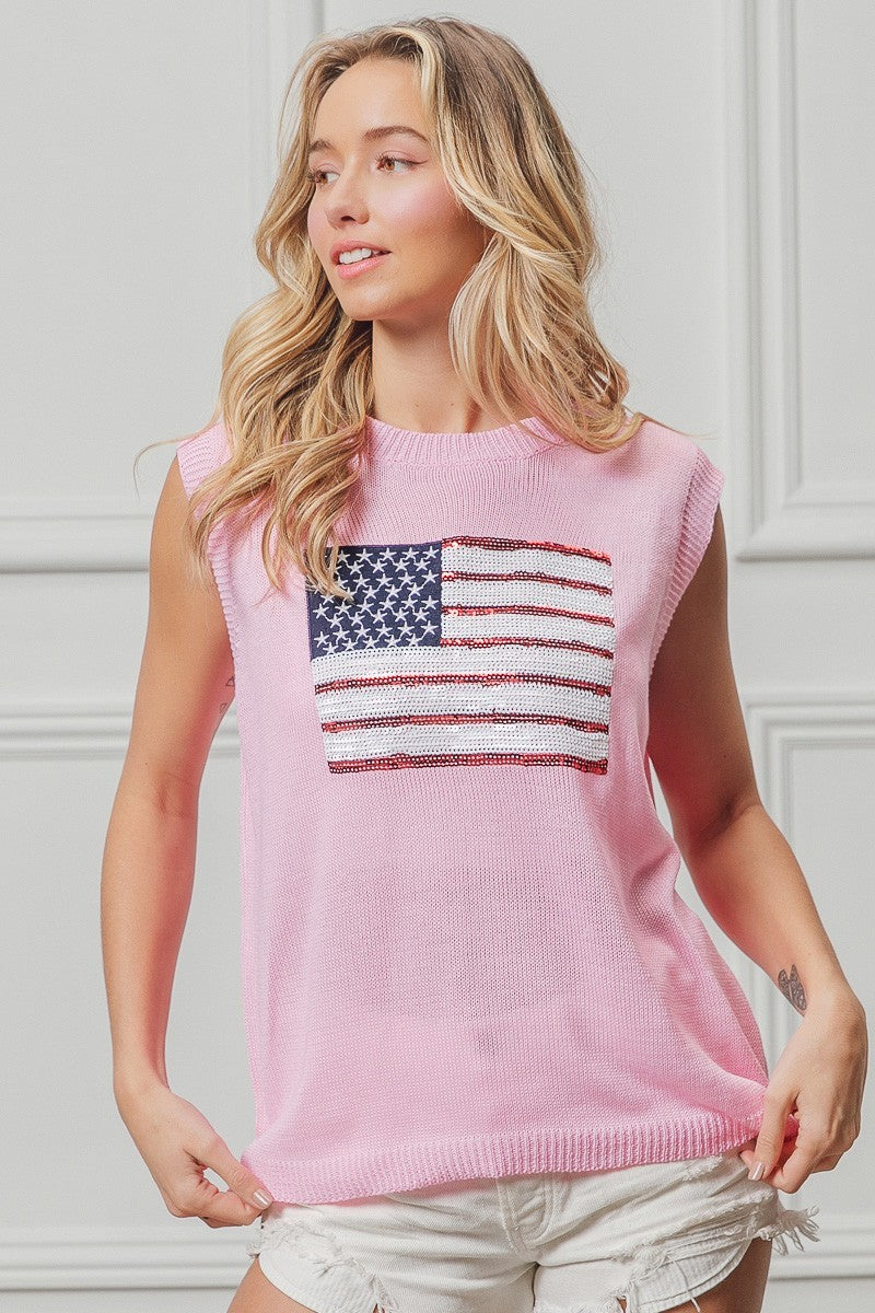 American Flag Sequins Patch Sleeveless Pink Knit Top