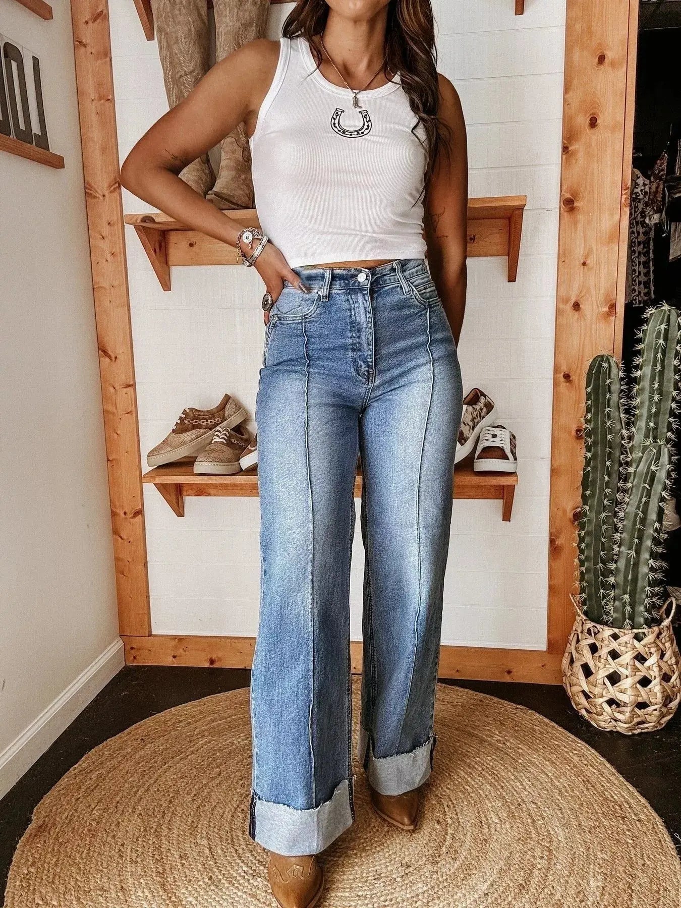 High Waisted Wide Leg Cuffed Jeans