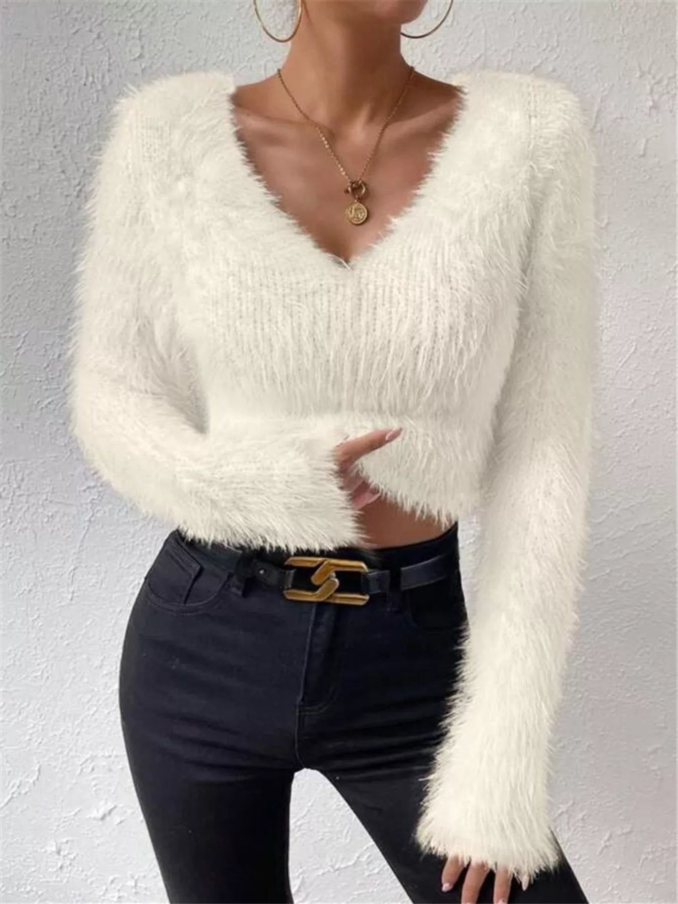 Fluffy Knit V Neck Sweater