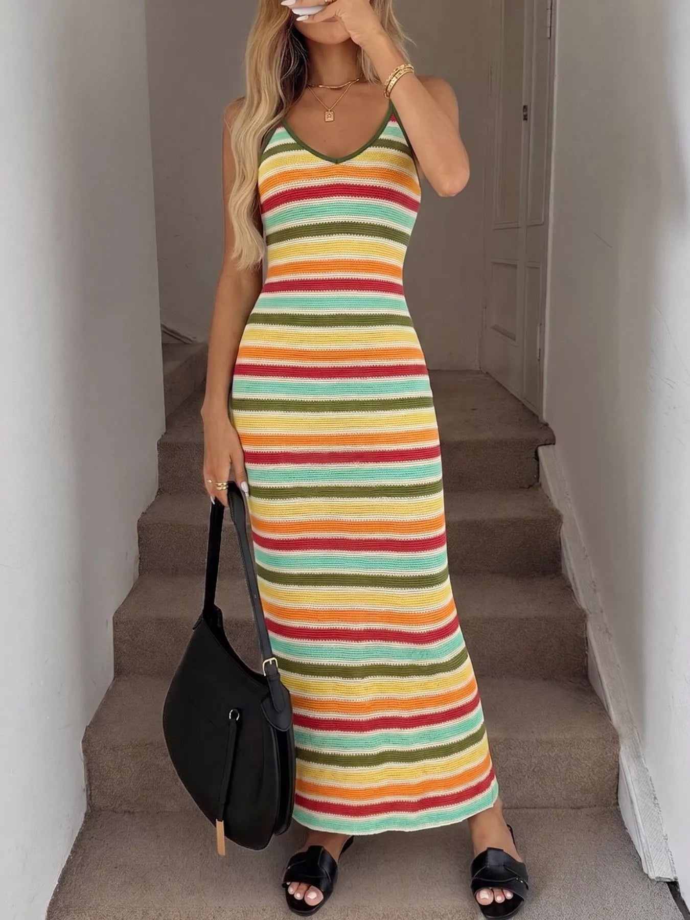 Striped Knit Bodycon Midi Dress