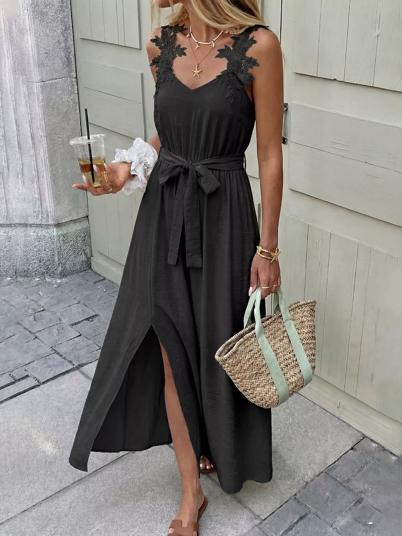 Lace Trim Maxi Dress with Slit