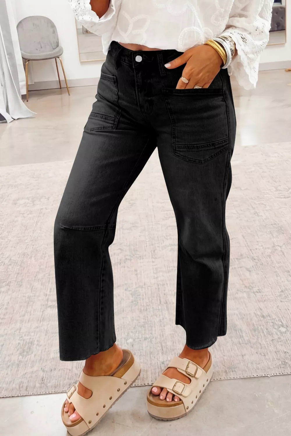 Raw Hem Cropped Straight Leg Jeans