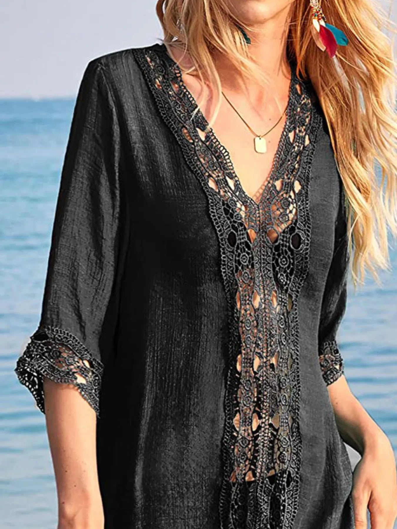 Lace Trim V Neck Cover Up