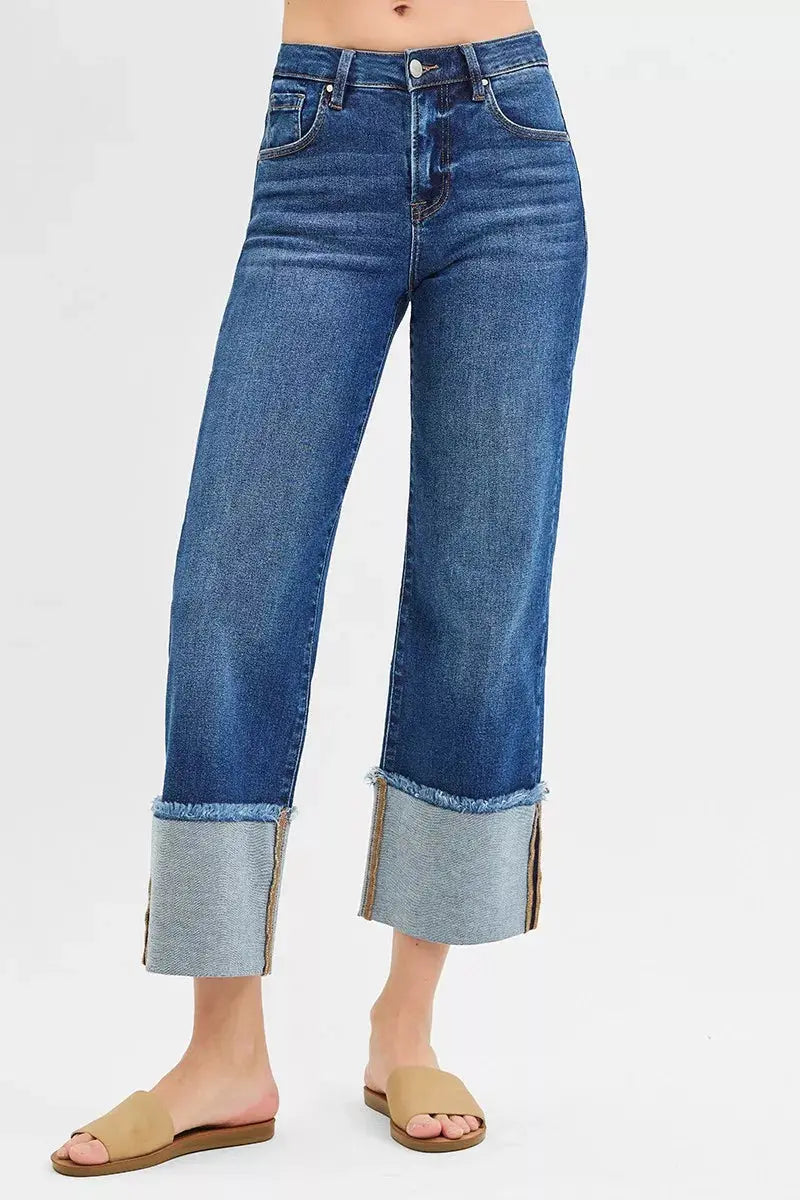 RISEN Jeans - Full Size Mid Rise Crop Wide Wide Cuffed Jeans