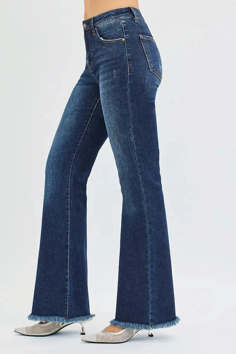 RISEN Jeans - Plus Size Tummy Control Mid Rise Flare Jeans with Raw Hem