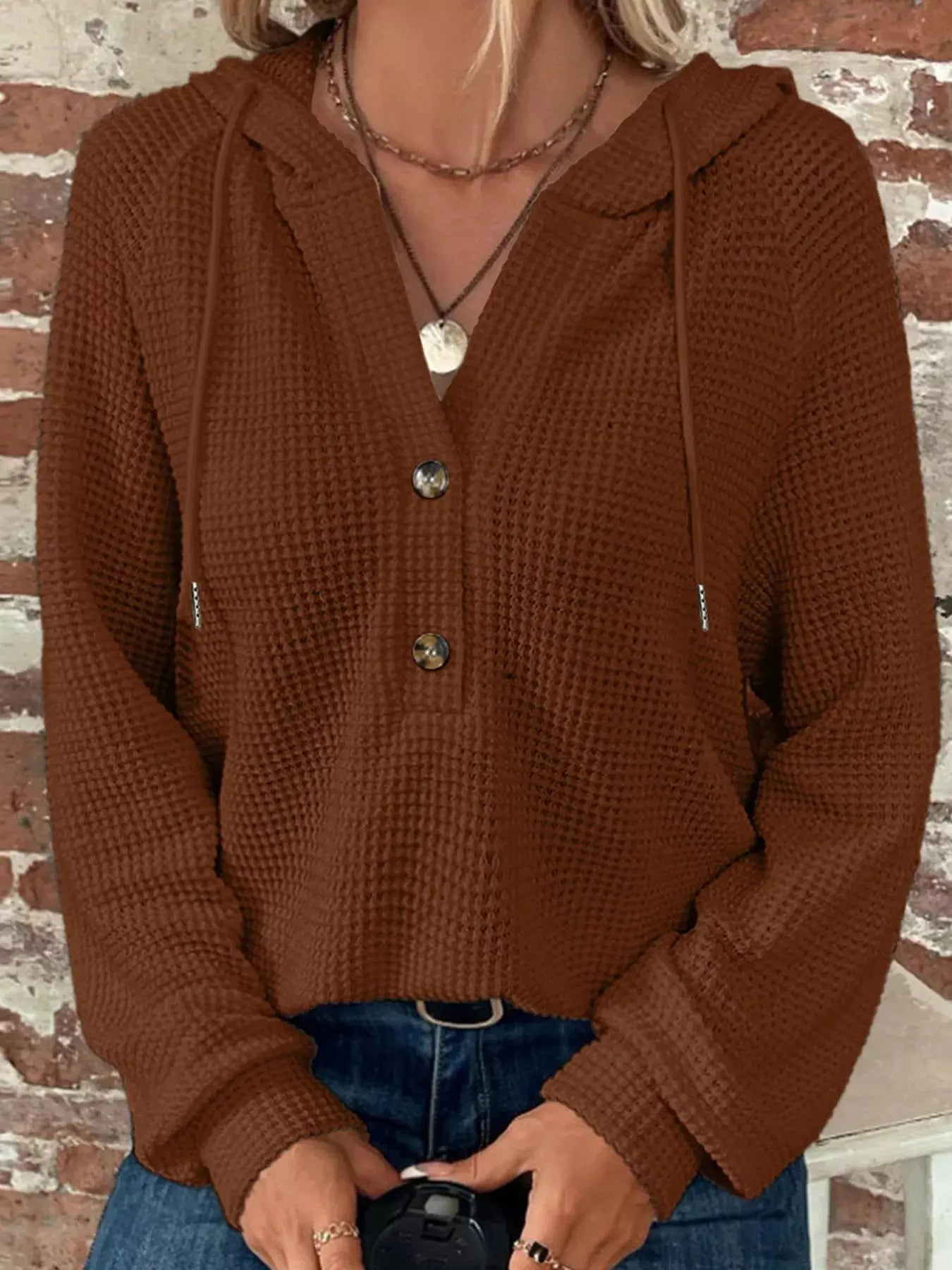 Casual Button Detail Waffle Knit Hoodie