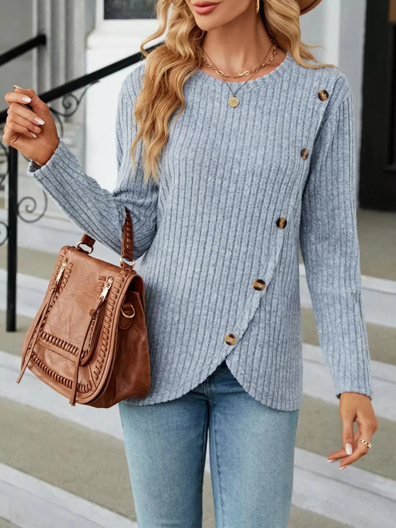 Decorative Button Ribbed Knit T Shirt