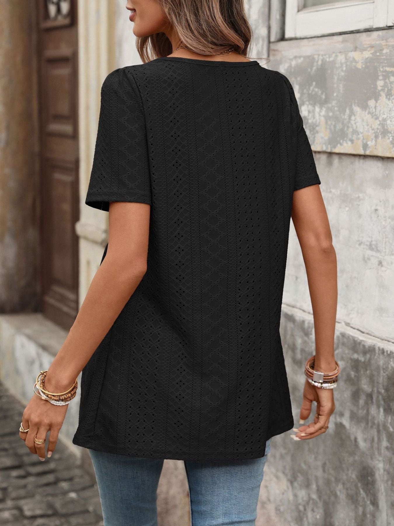 Women's Eyelet Square Neck Babydoll Short Sleeve Top
