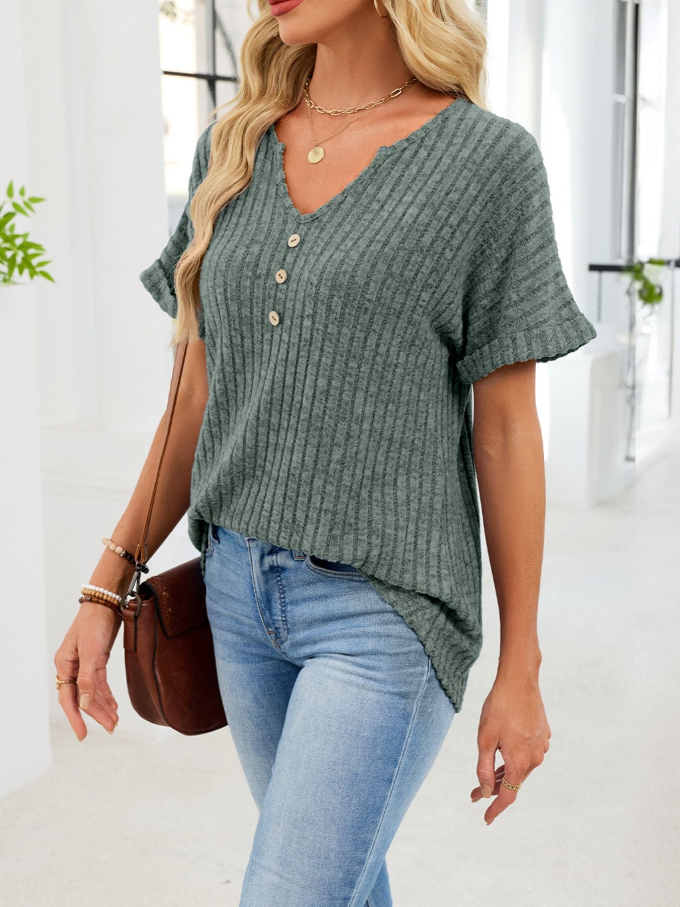 Women's Ribbed Knit Button V Neck Short Sleeve T Shirt