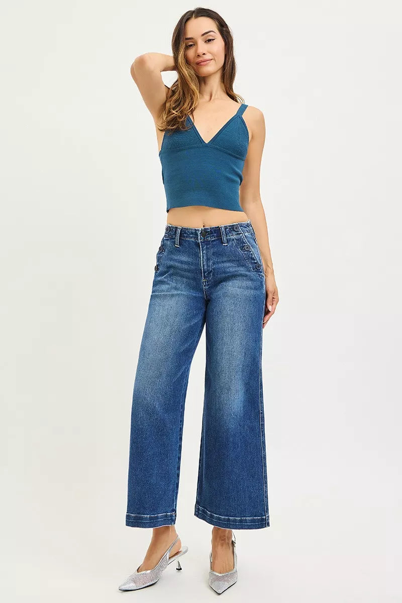 RISEN Jeans - High Rise Wide Leg Jeans With Pocket Button Detail