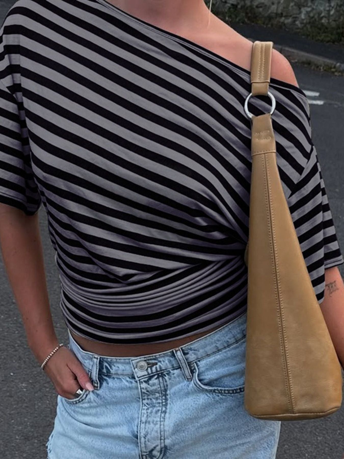 Striped One Shoulder T Shirt