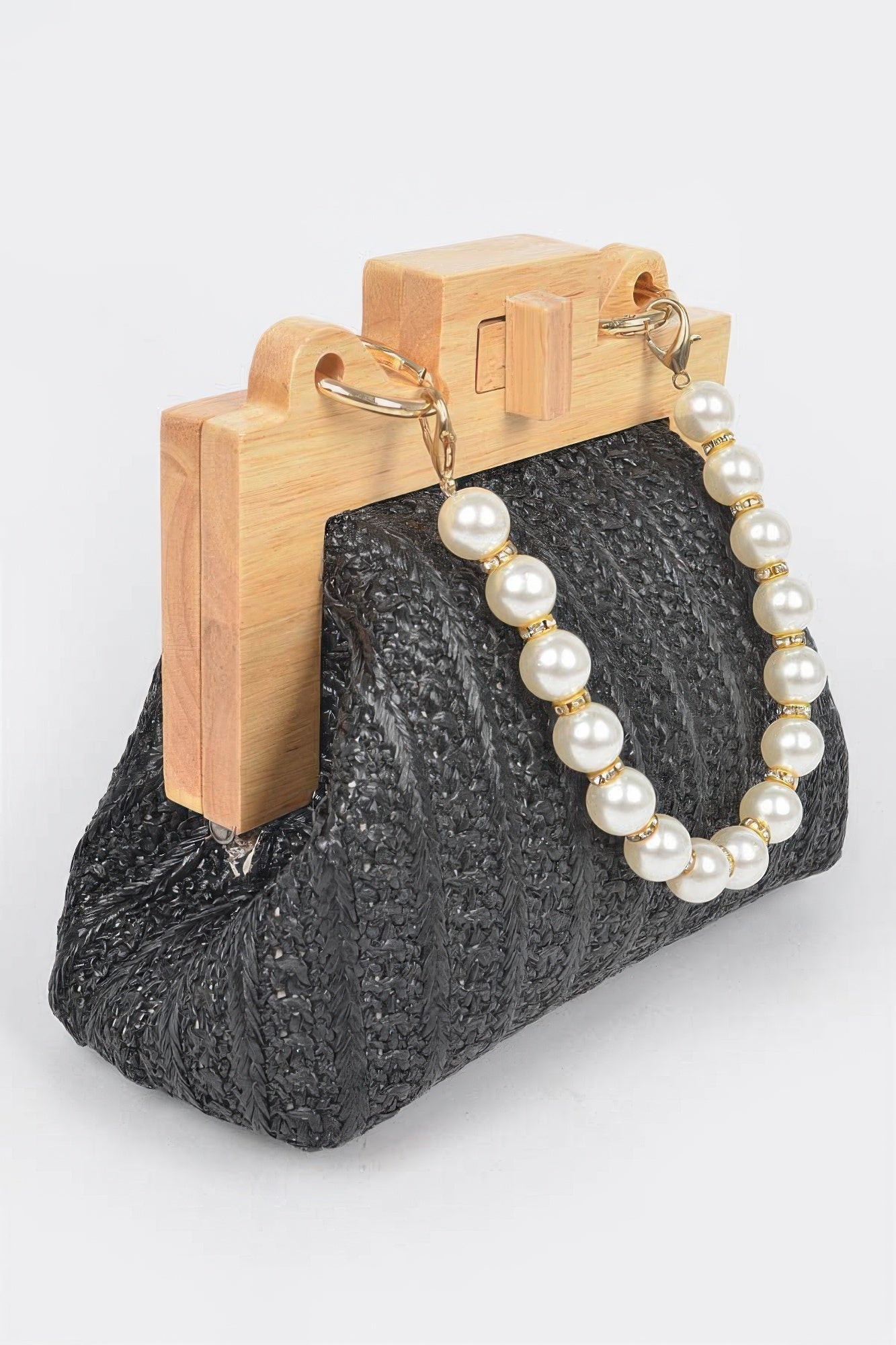 Faux Straw Wood Frame Clutch W/ Faux Pearl Chain