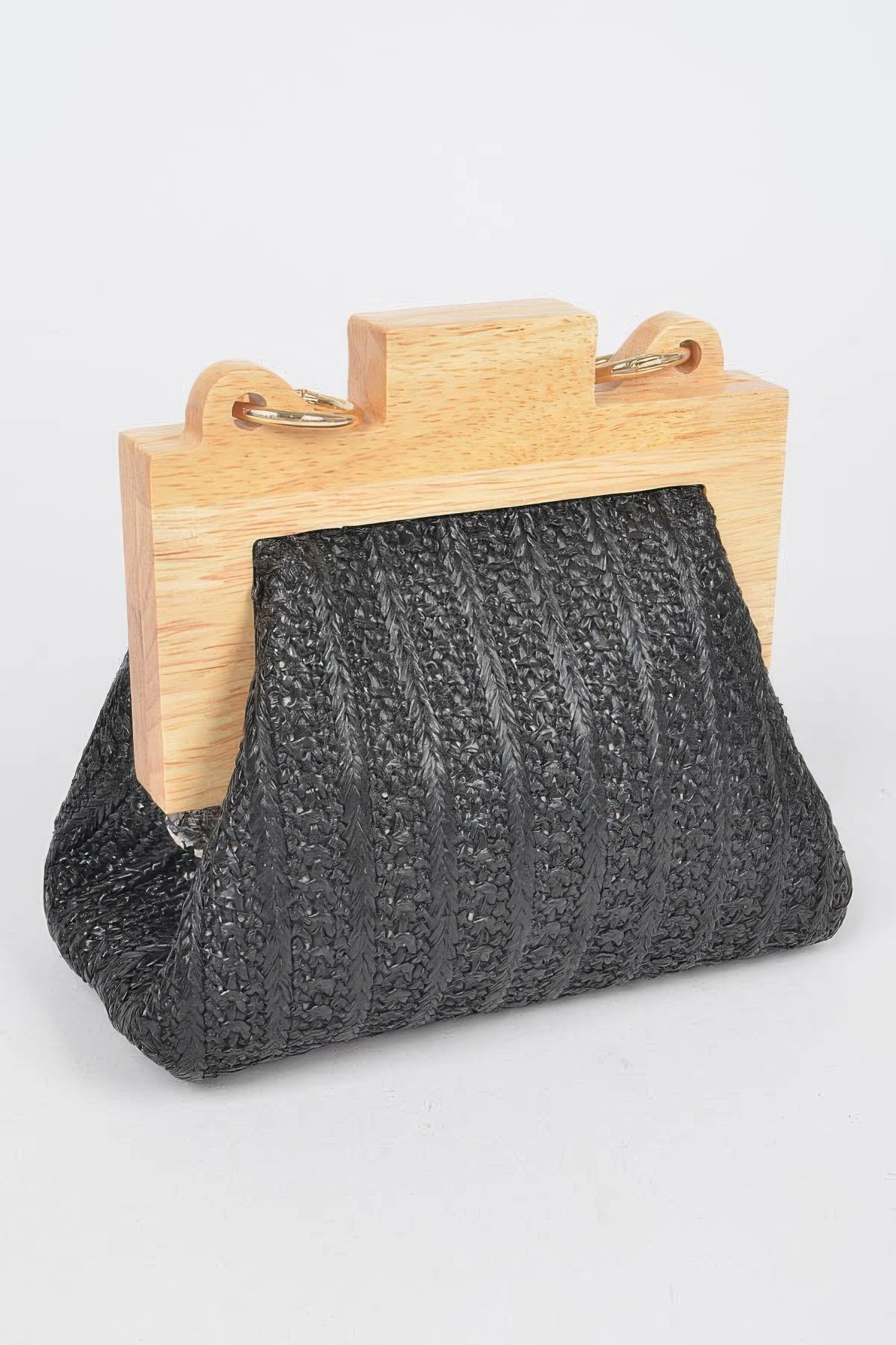 Faux Straw Wood Frame Clutch W/ Faux Pearl Chain