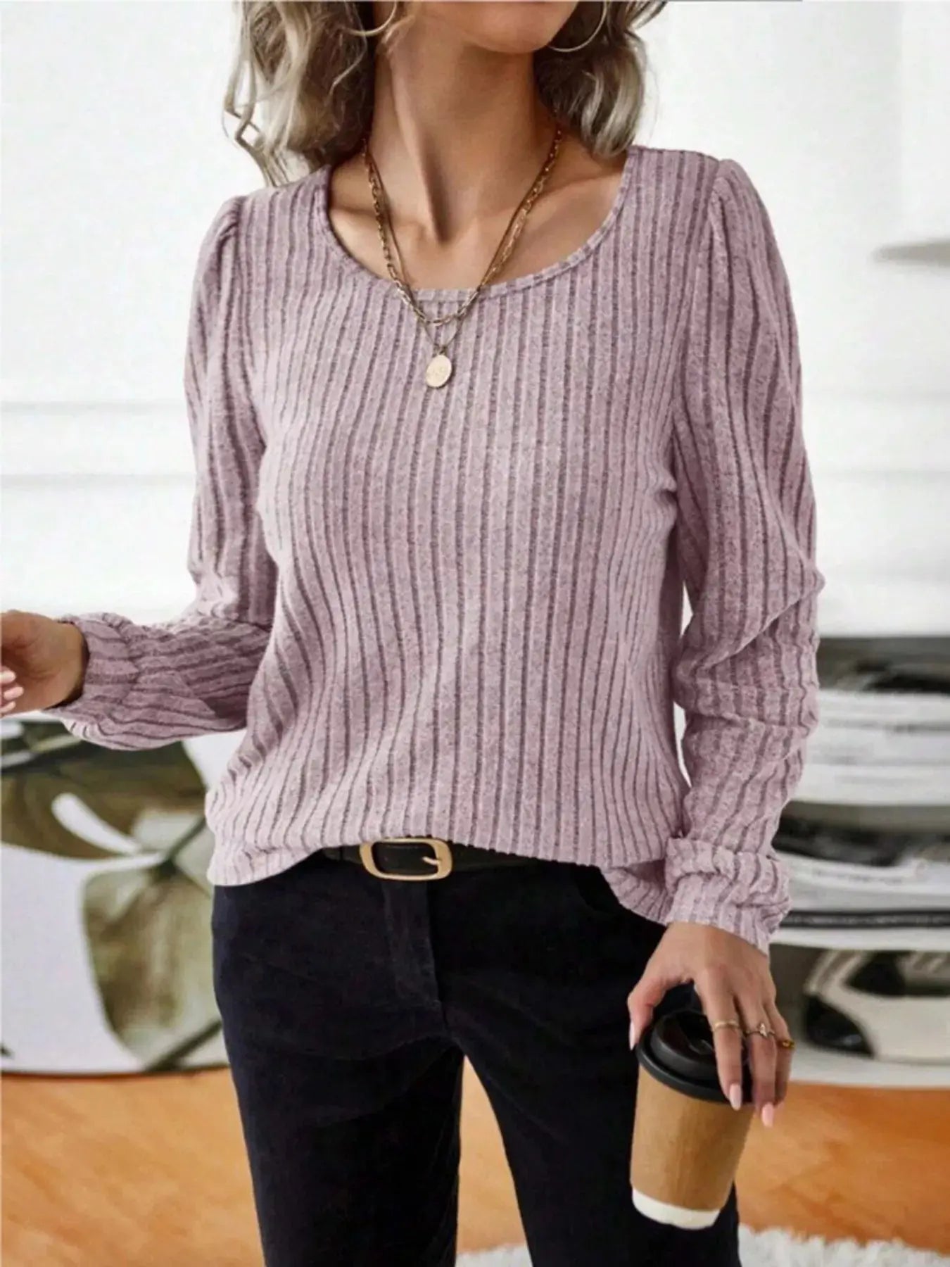 Ribbed Knit Long Sleeve T Shirt