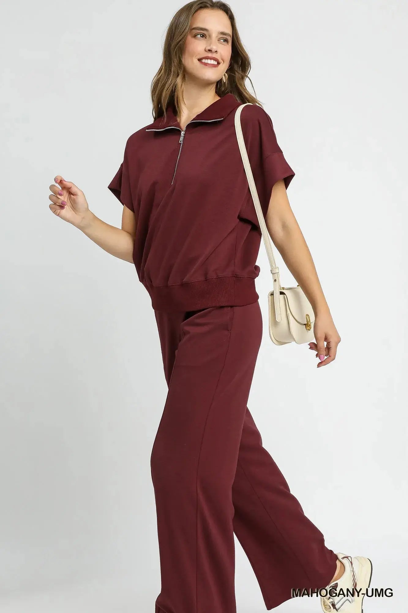 Umgee Plus Size Half-Zip Short Sleeve Top
