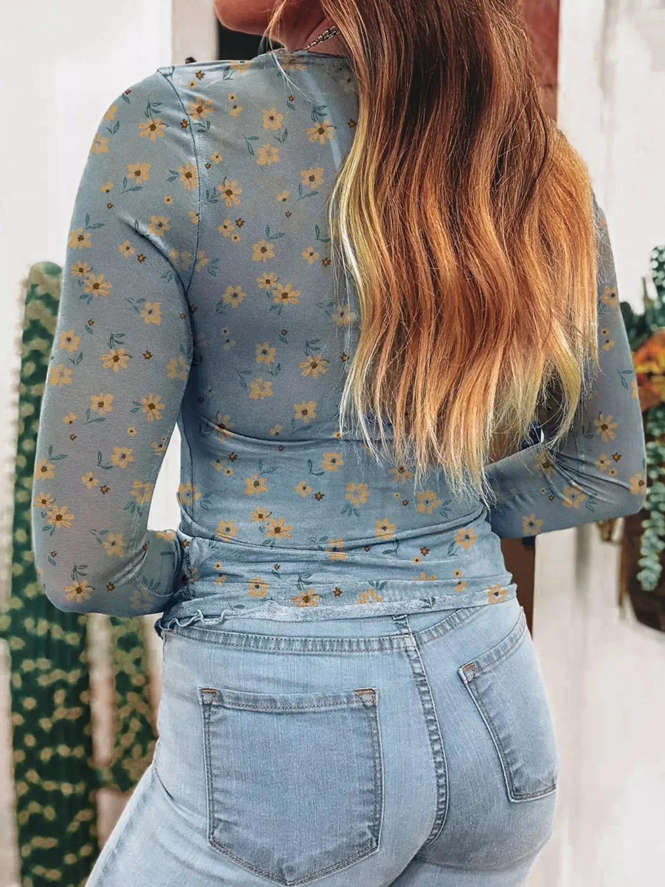 Floral Print Mesh Long Sleeve Top
