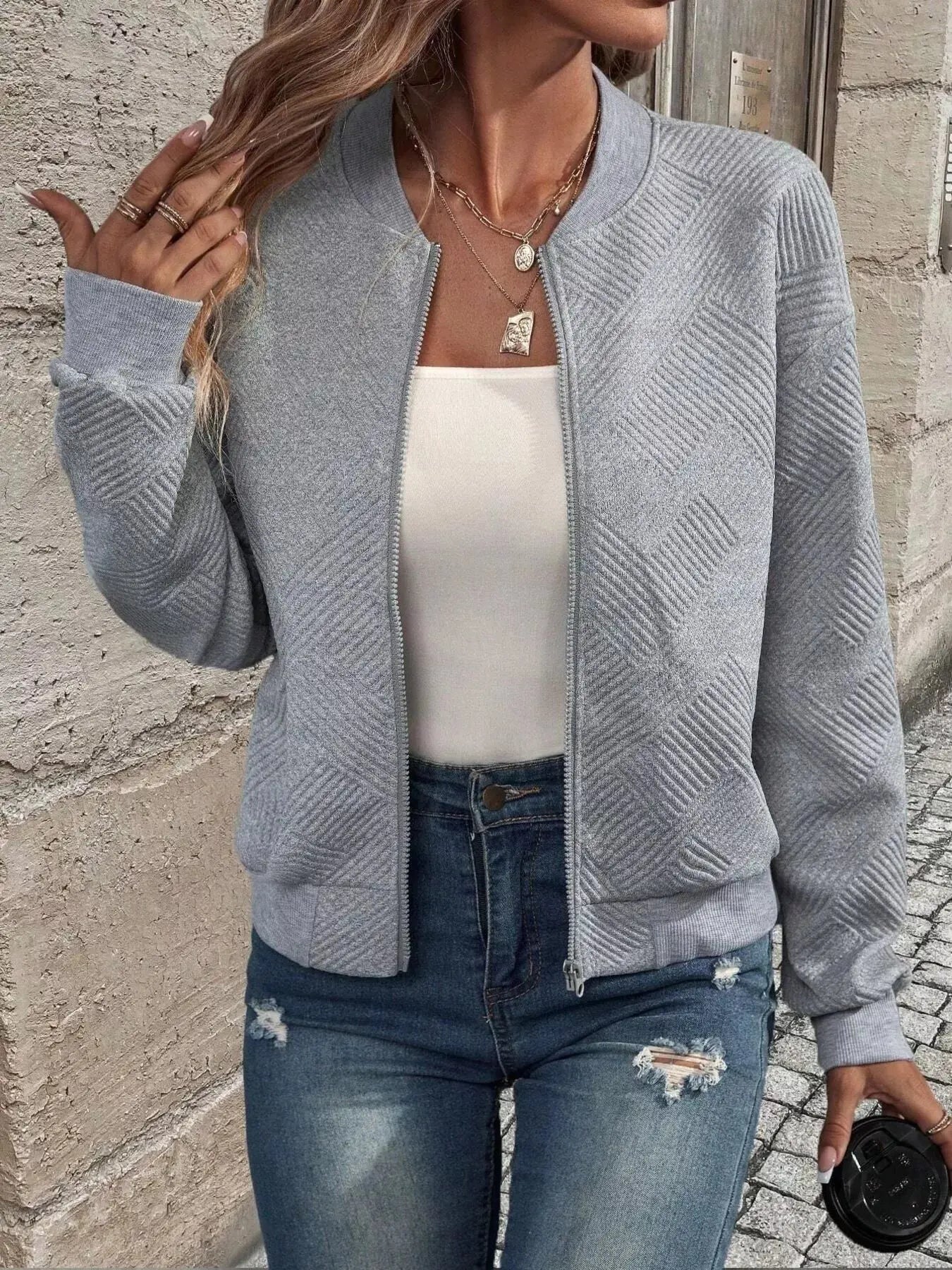 Texture Zip Up Bomber Jacket