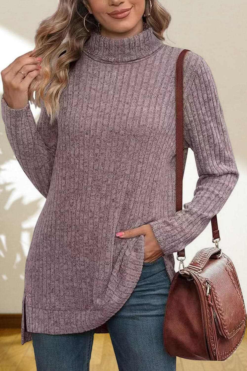 Cerise Turtleneck Sweater by Trendsi – Quality High-Low Hem Style