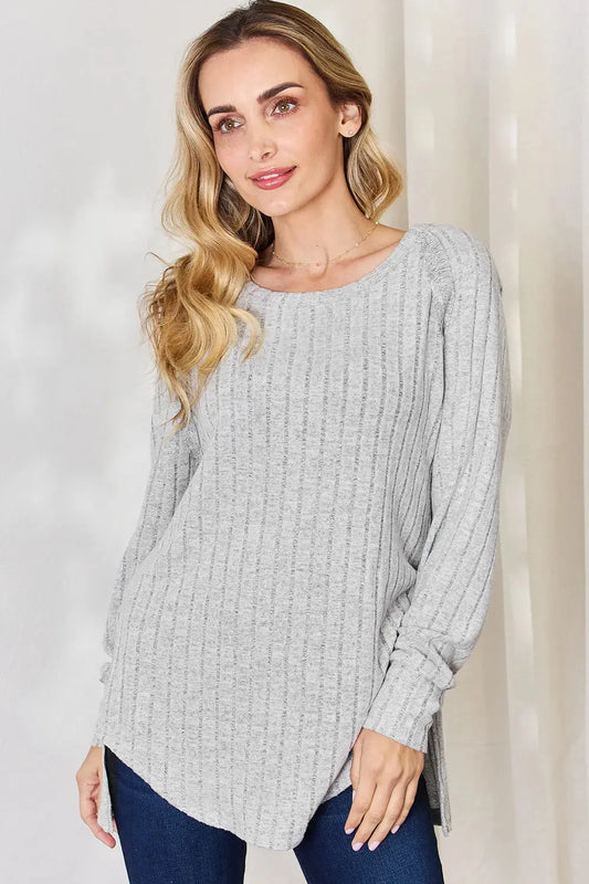 Basic Bae Ribbed Round Neck Slit Womens Long Sleeve T Shirt – Full & Plus Size