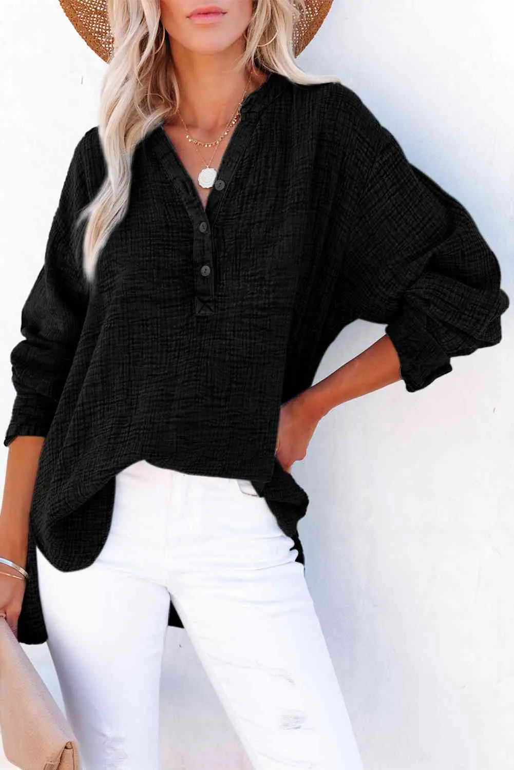 Women's Textured Cotton Buttoned Long Sleeve Blouse