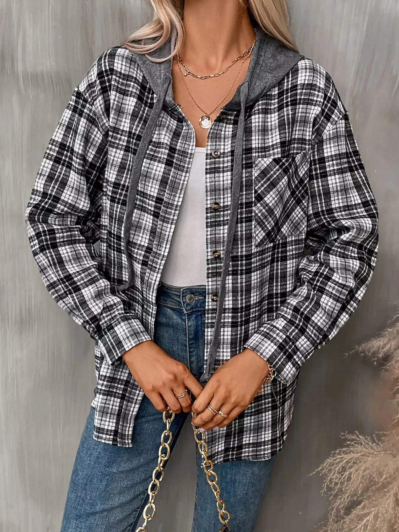 Plaid Button-Up Oversized Hooded Shirt with Chest Pocket