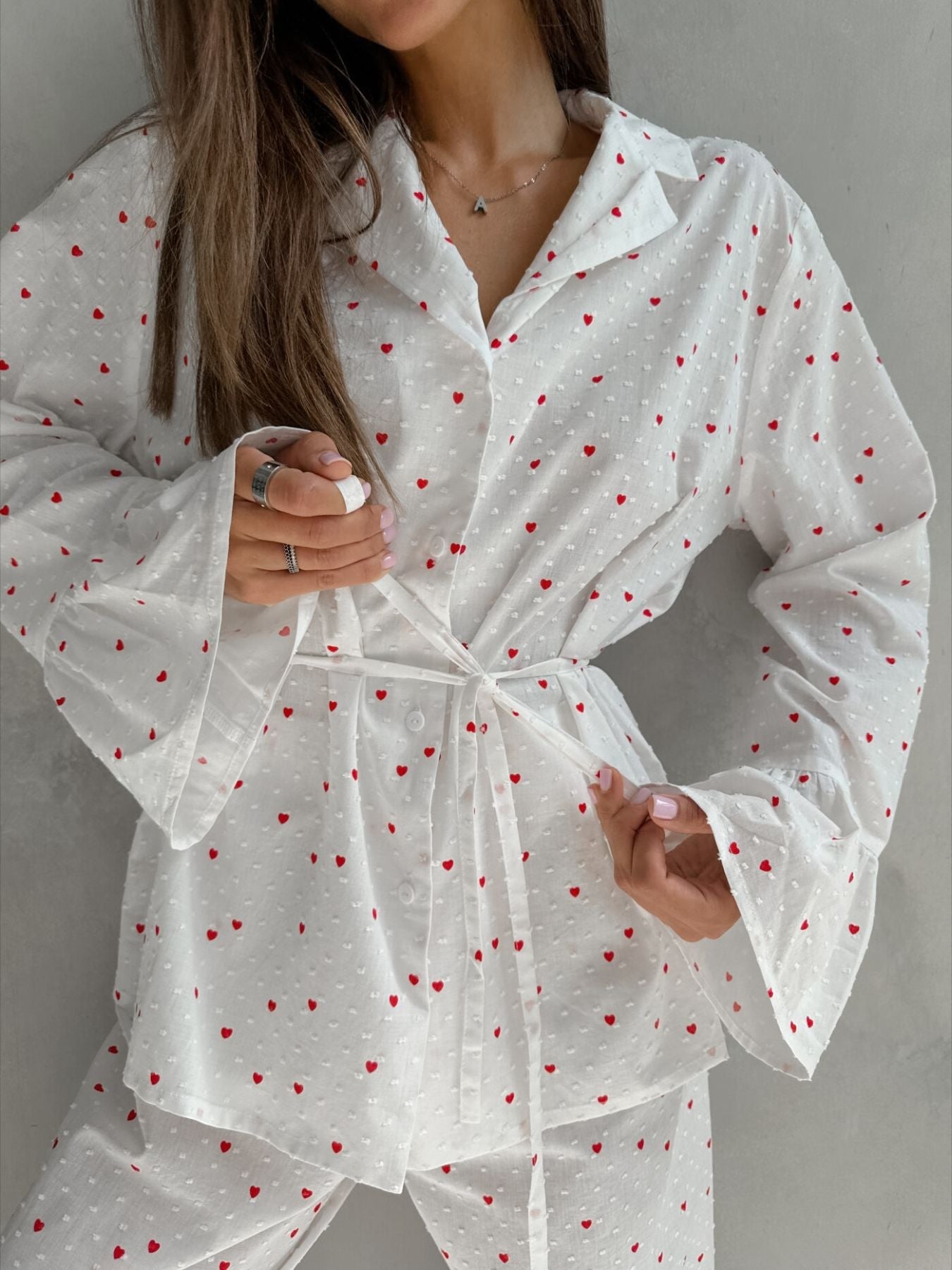 Heart Print Ruffle Trim Button-Up Cotton Lounge Set