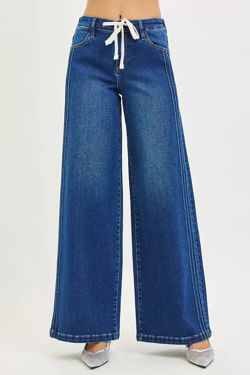 RISEN Jeans - Full Size Mid Rise Wide Side Pintuck Jeans with Front Drawstring