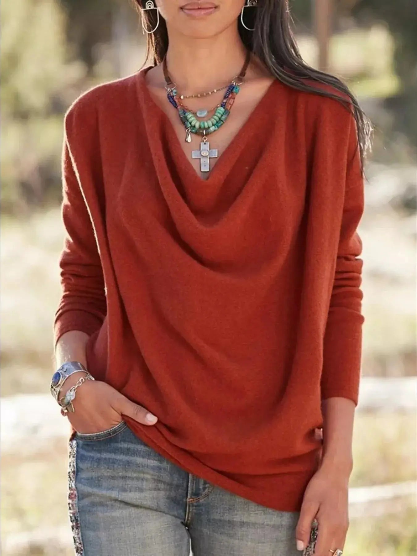 Full Size Cowl Neck Long Sleeve Top