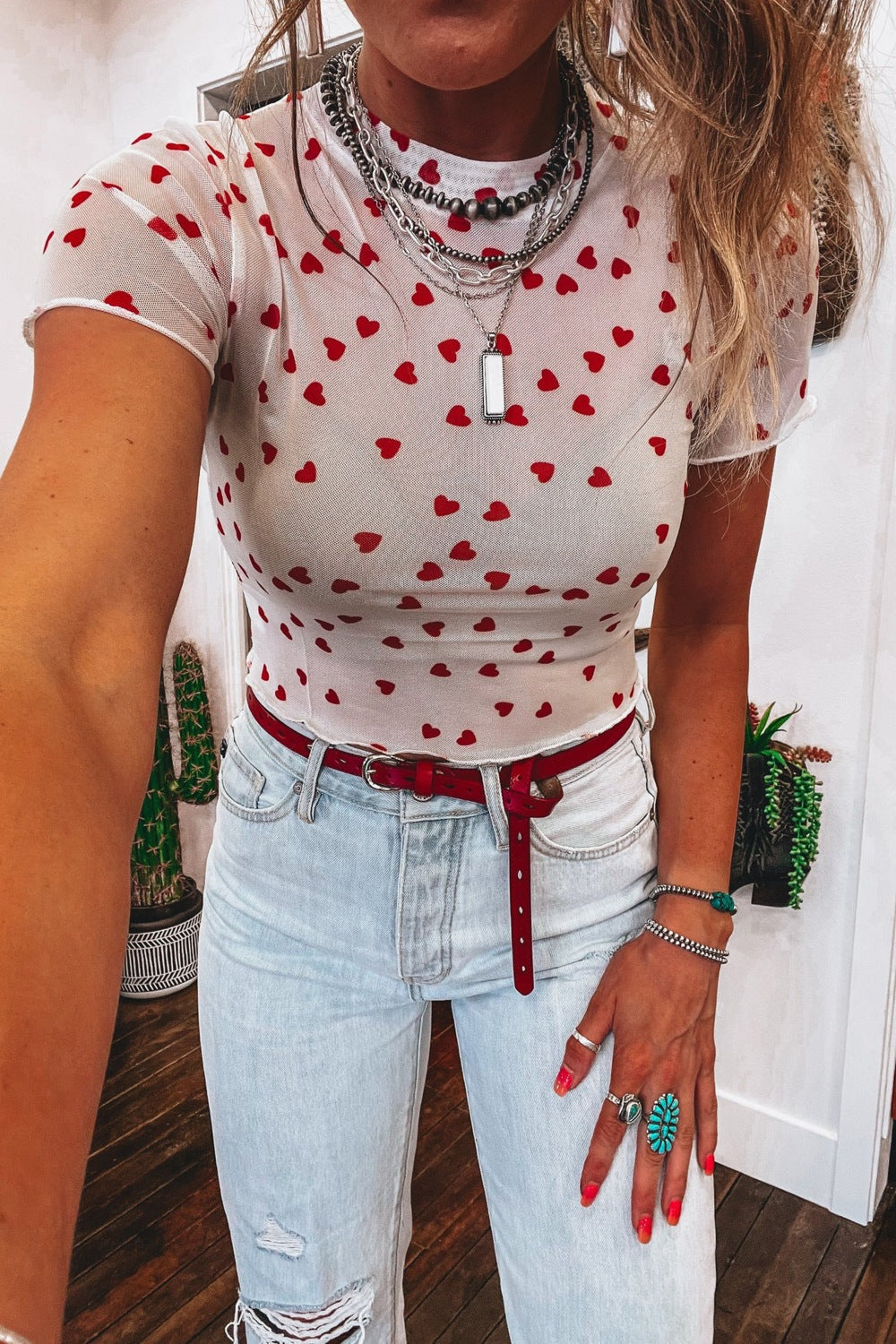 Women's Sheer Heart Print Fitted Mesh Blouse