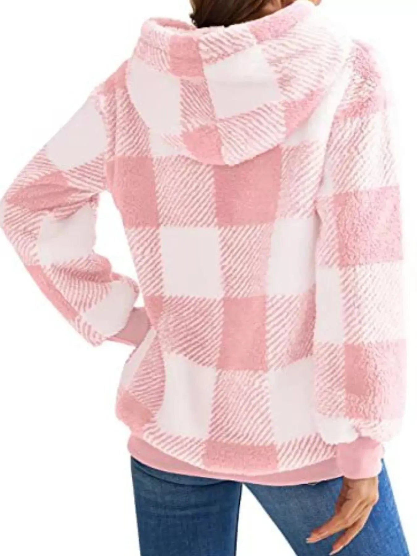 Plus Size Plaid Drawstring Sherpa Hoodie