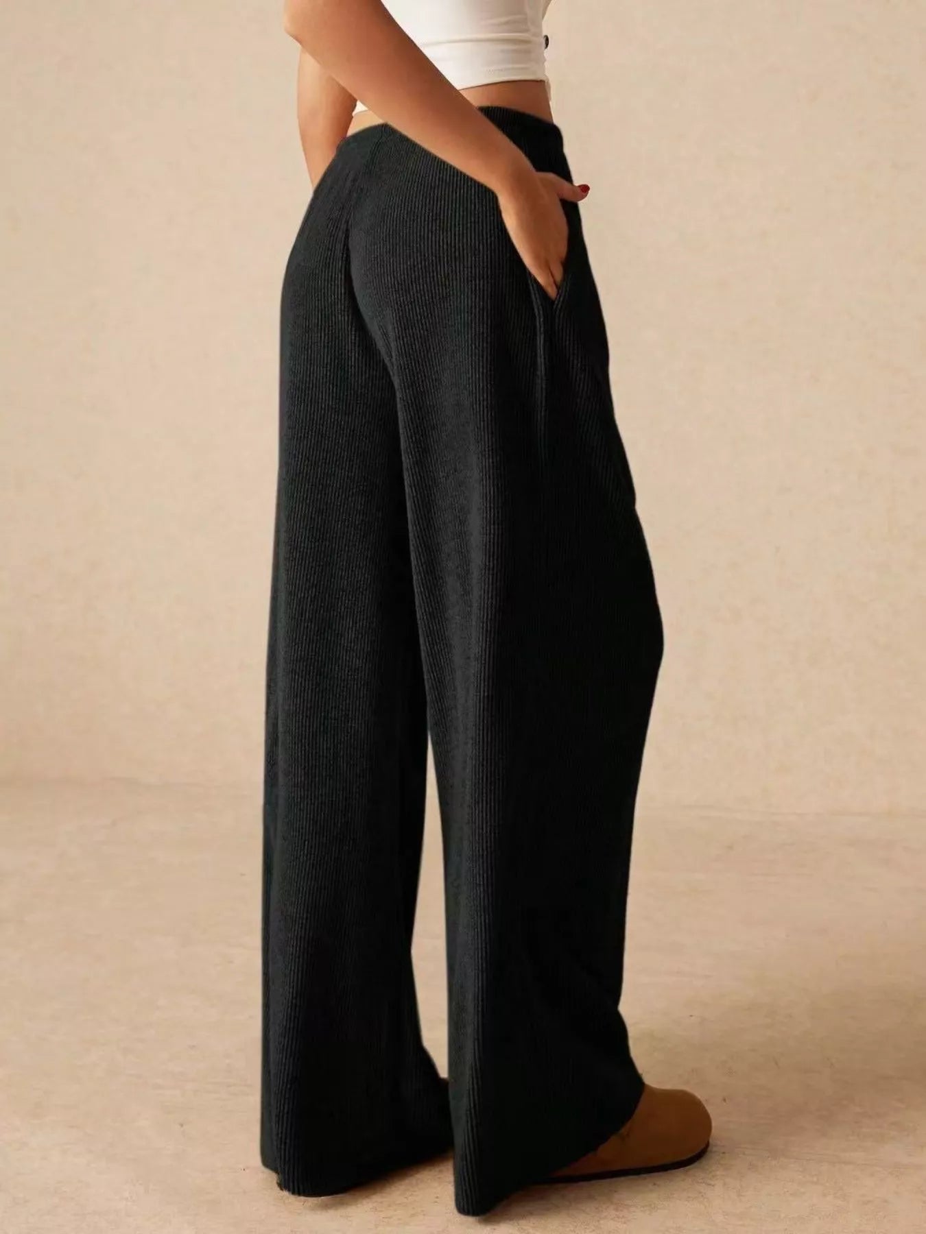 Ribbed Drawstring Wide Leg Pants