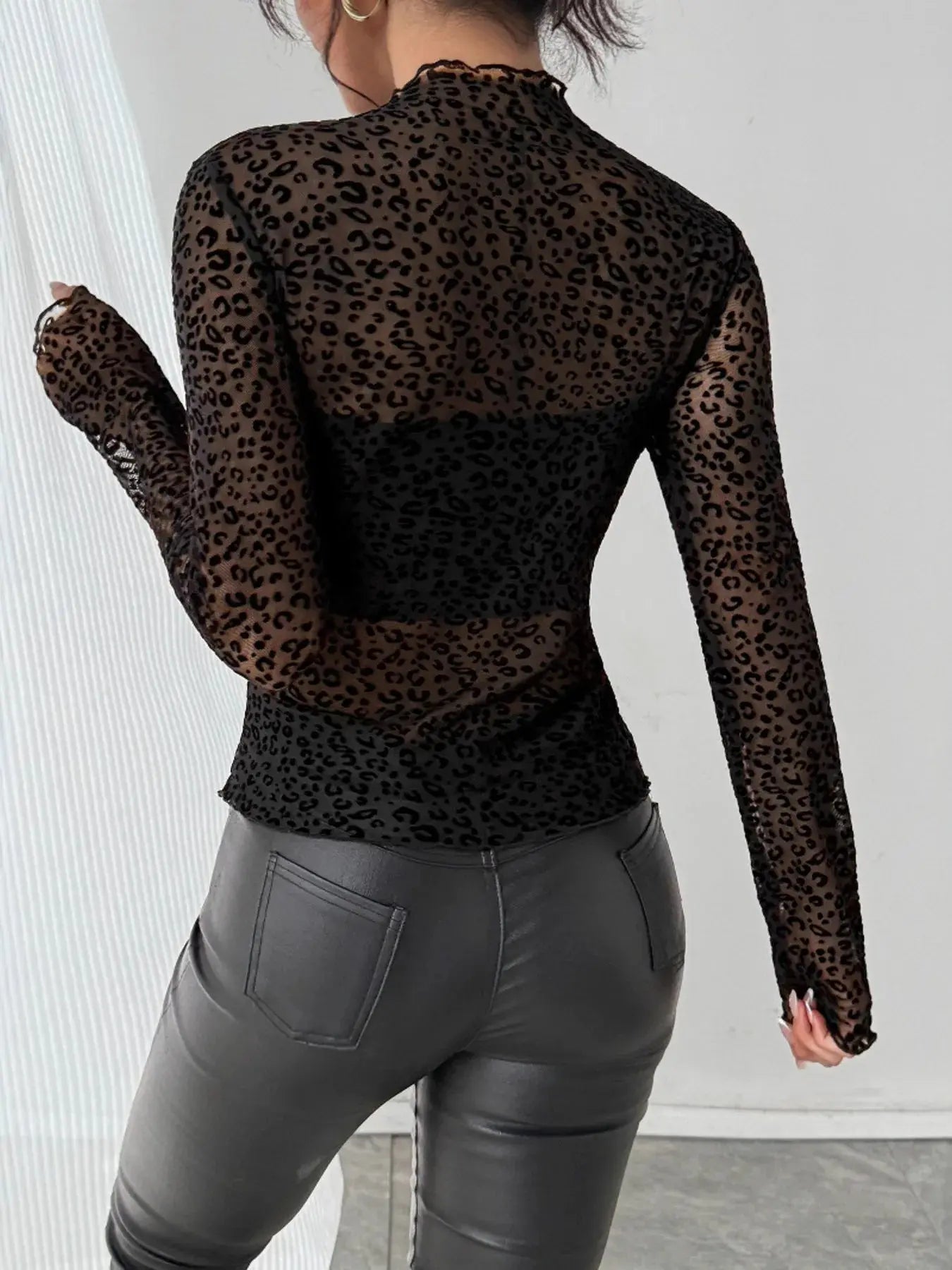 Leopard Print Mesh Long Sleeve T Shirt