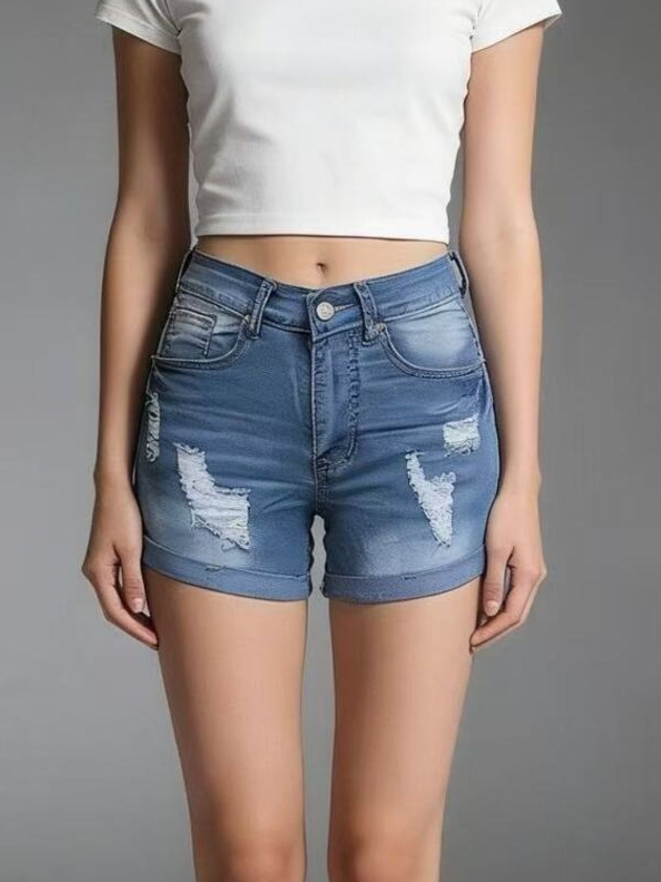 Washed Distressed Denim Shorts