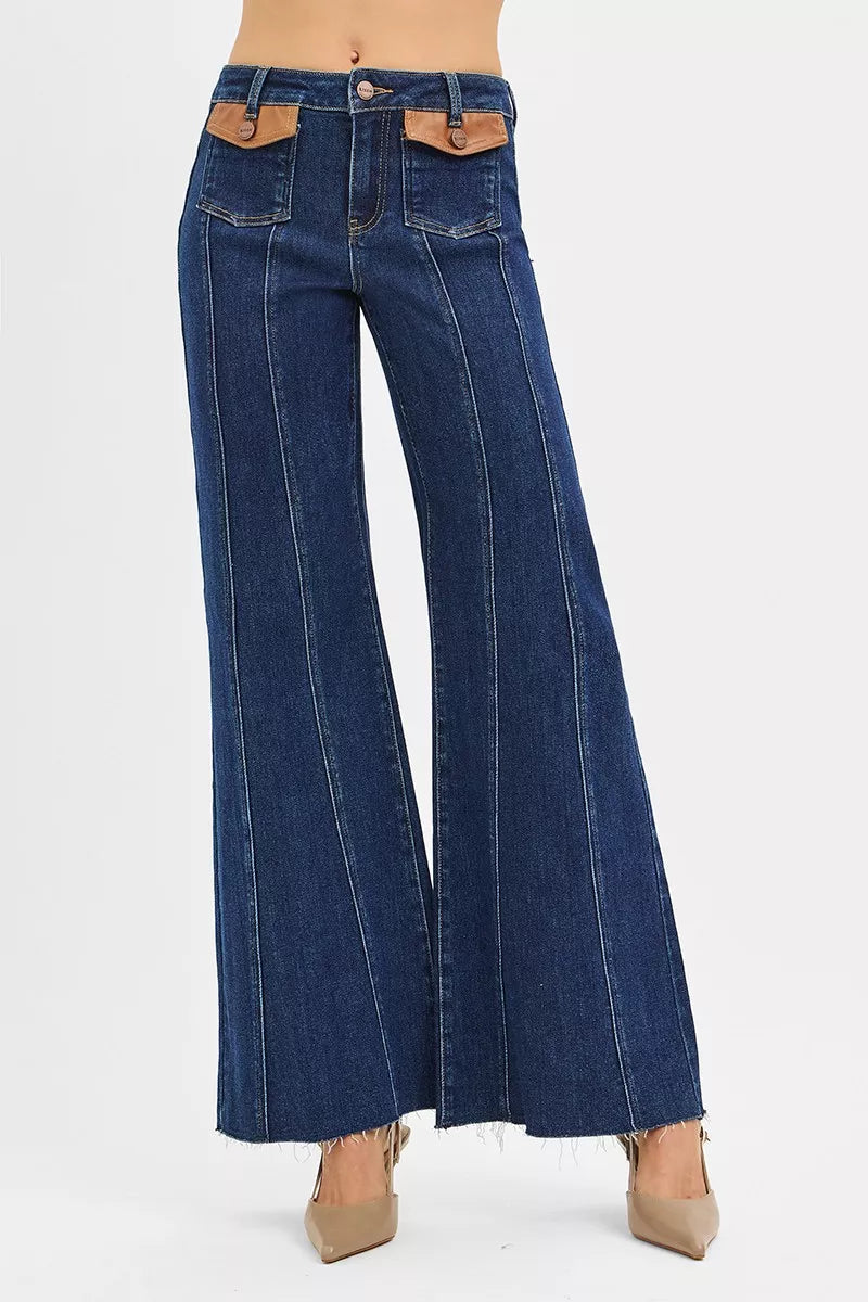 RISEN Jeans - High Rise Wide Flare Jeans with Front Leather Pocket Detail