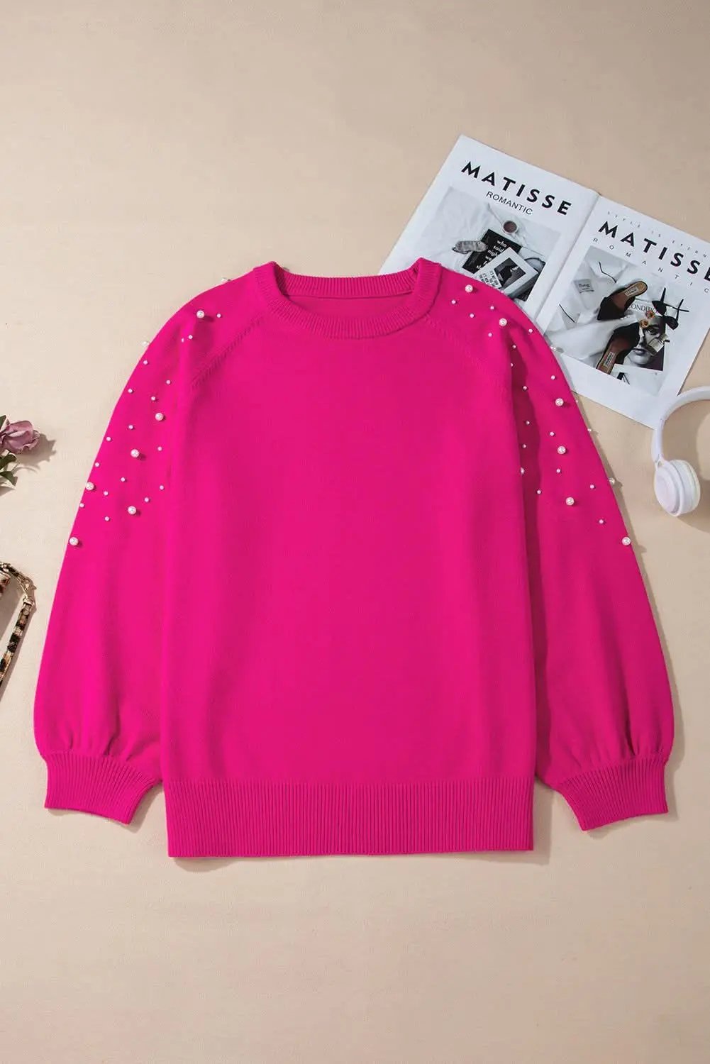 Sweaters Love Salve Strawberry Pink Plus Size Women's Sweater: Casual, Pearled Decor