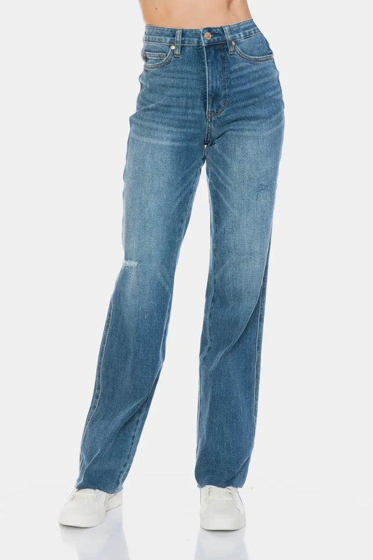 Full Size/Plus Size Tummy Control Cut Raw Hem Straight Judy Blue Jeans