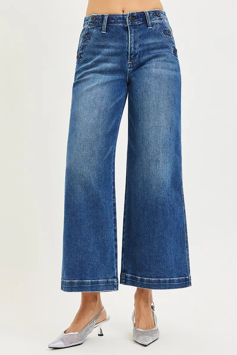 RISEN Jeans - High Rise Wide Leg Jeans With Pocket Button Detail