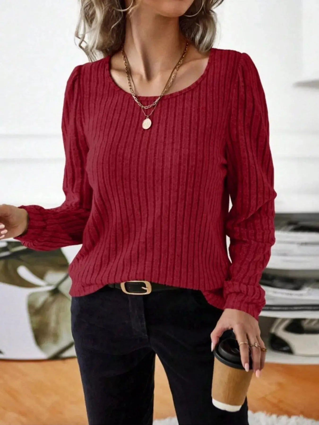 Ribbed Knit Long Sleeve T Shirt