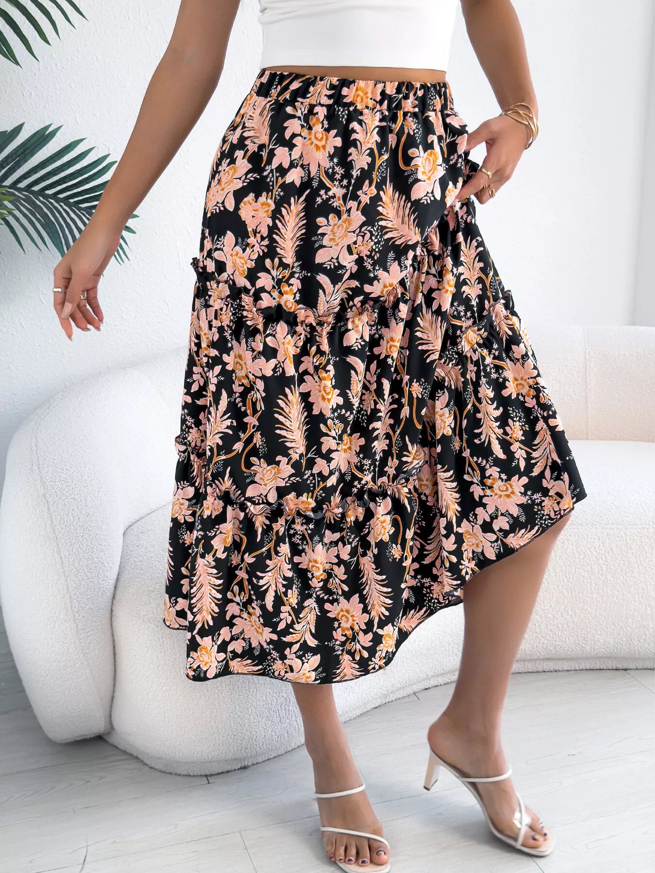 Floral Print Ruffle Hem Flowy Midi Skirt