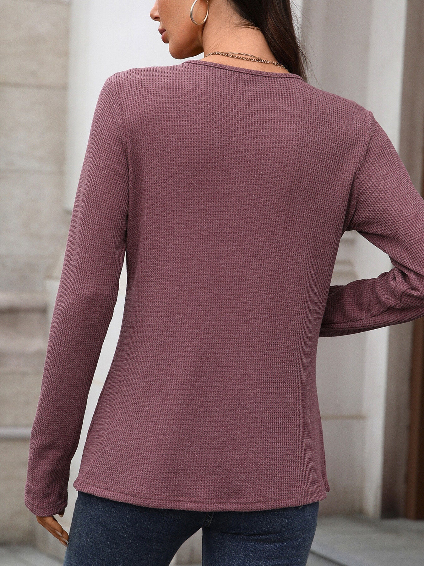 Women's Waffle Knit Long Sleeve Button Henley T Shirt
