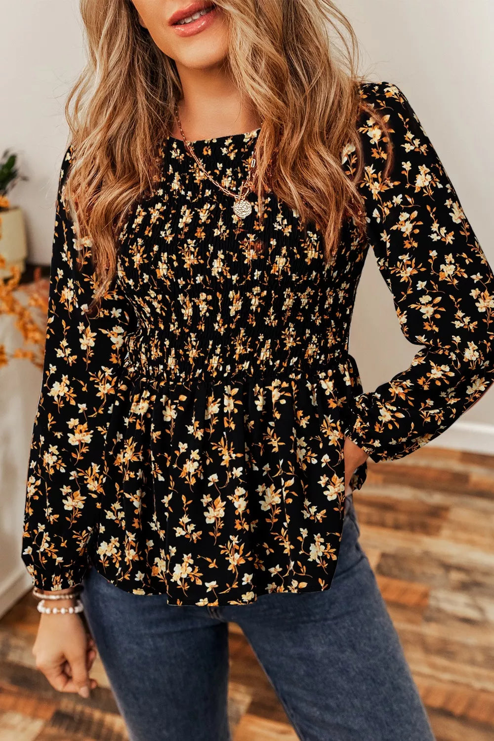 Women's Floral Print Smocked Waist Long Sleeve Blouse