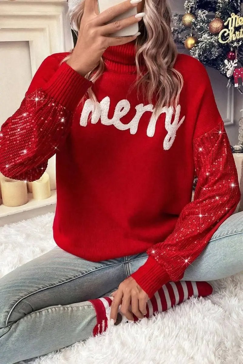 Women's Sweater - Red Sequin Sleeve - Christmas Party Southern Belle